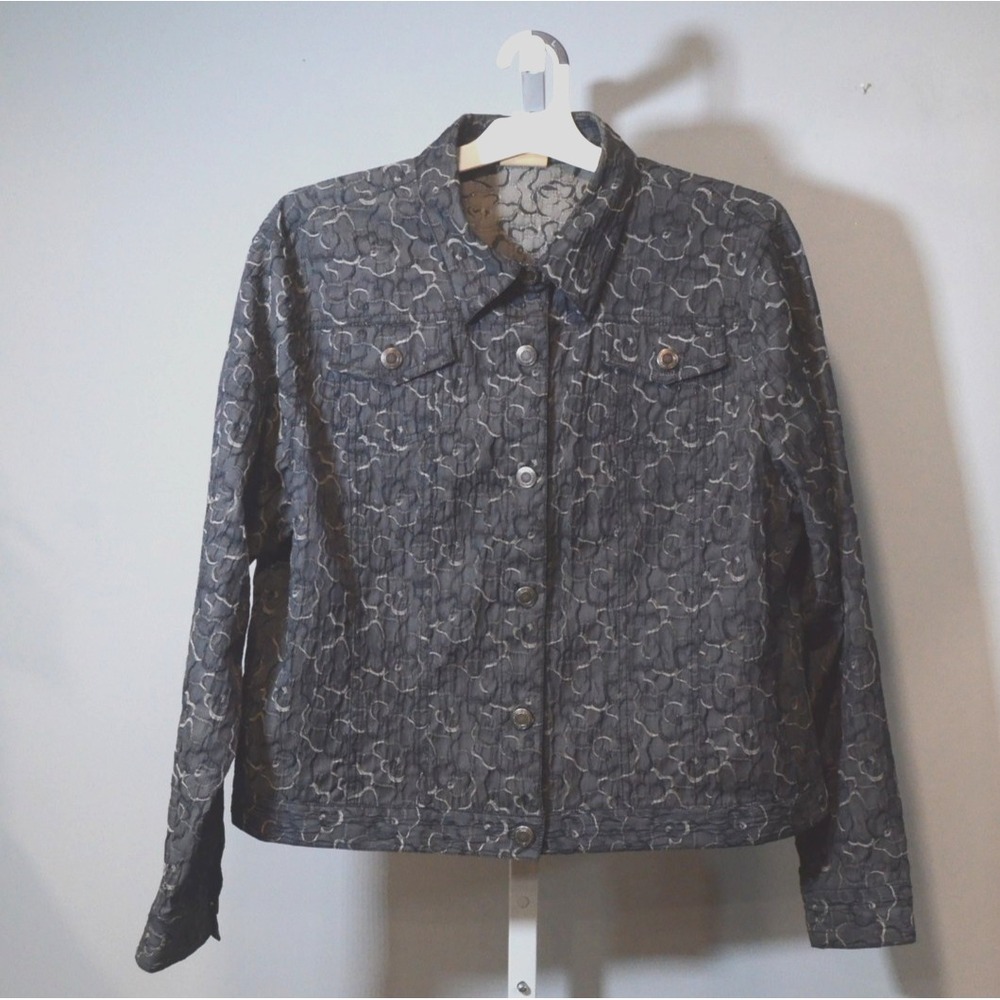 Ruby Rd Size 18 Black/Gray Long Sleeve Jacket Jacquard Print Button Front.